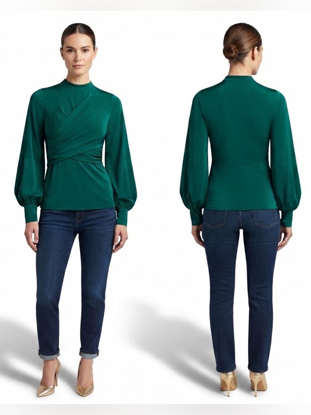 Susana Monaco Green Cross Front Balloon Sleeve Top S NWT